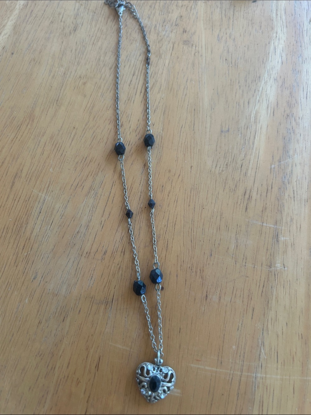 Silver Heart Pendant Necklace with Black Beads